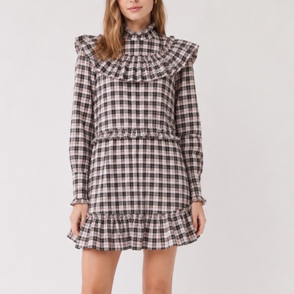 GANNI Charron Gingham Ruffle Mini Dress Pink Black Plaid Prairie Size 36 Small